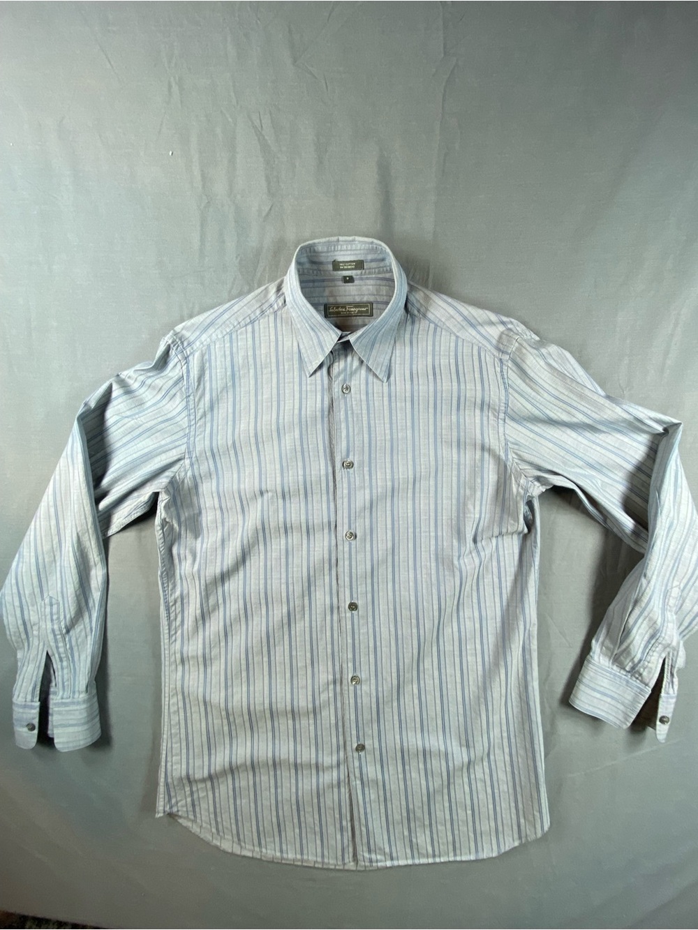 Vintage Salvatore Ferragamo tonal grey blue woven Striped Dress Shirt size S
